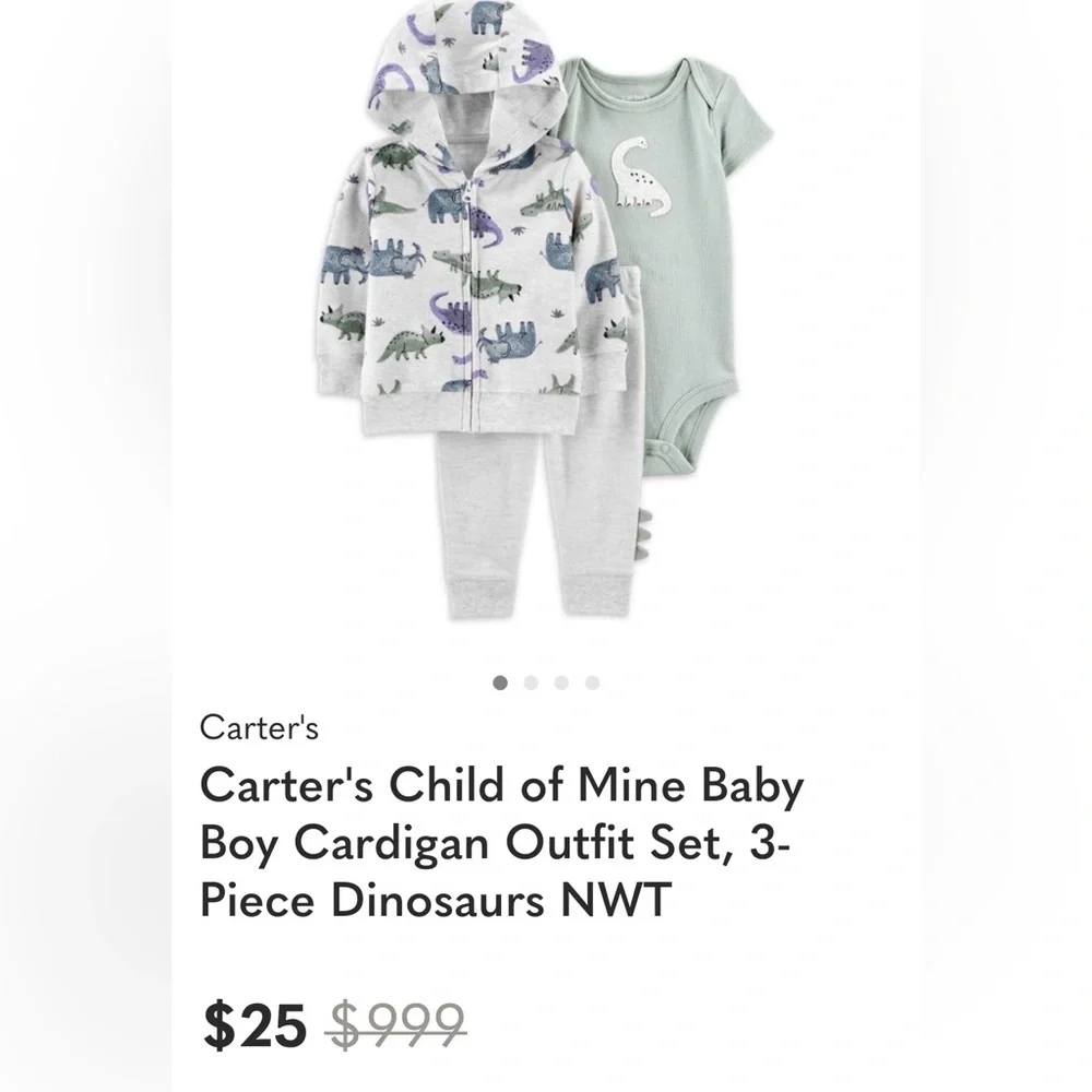 🦖 Carter’s 3 PC Set Onesie bear feet pants and Dino🦕 jacket Baby Bundle – SZ 3 M